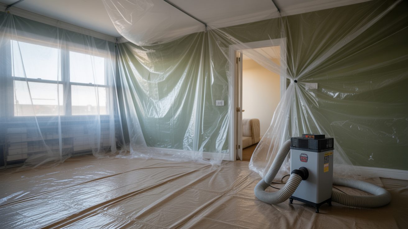 Containment sheeting and an air scrubber staged for a mold job in Grand Rapids